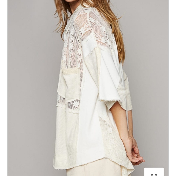 NWT  POL Oversized Mixed Thermal & Lace Button Down Shirt S - Picture 2 of 13